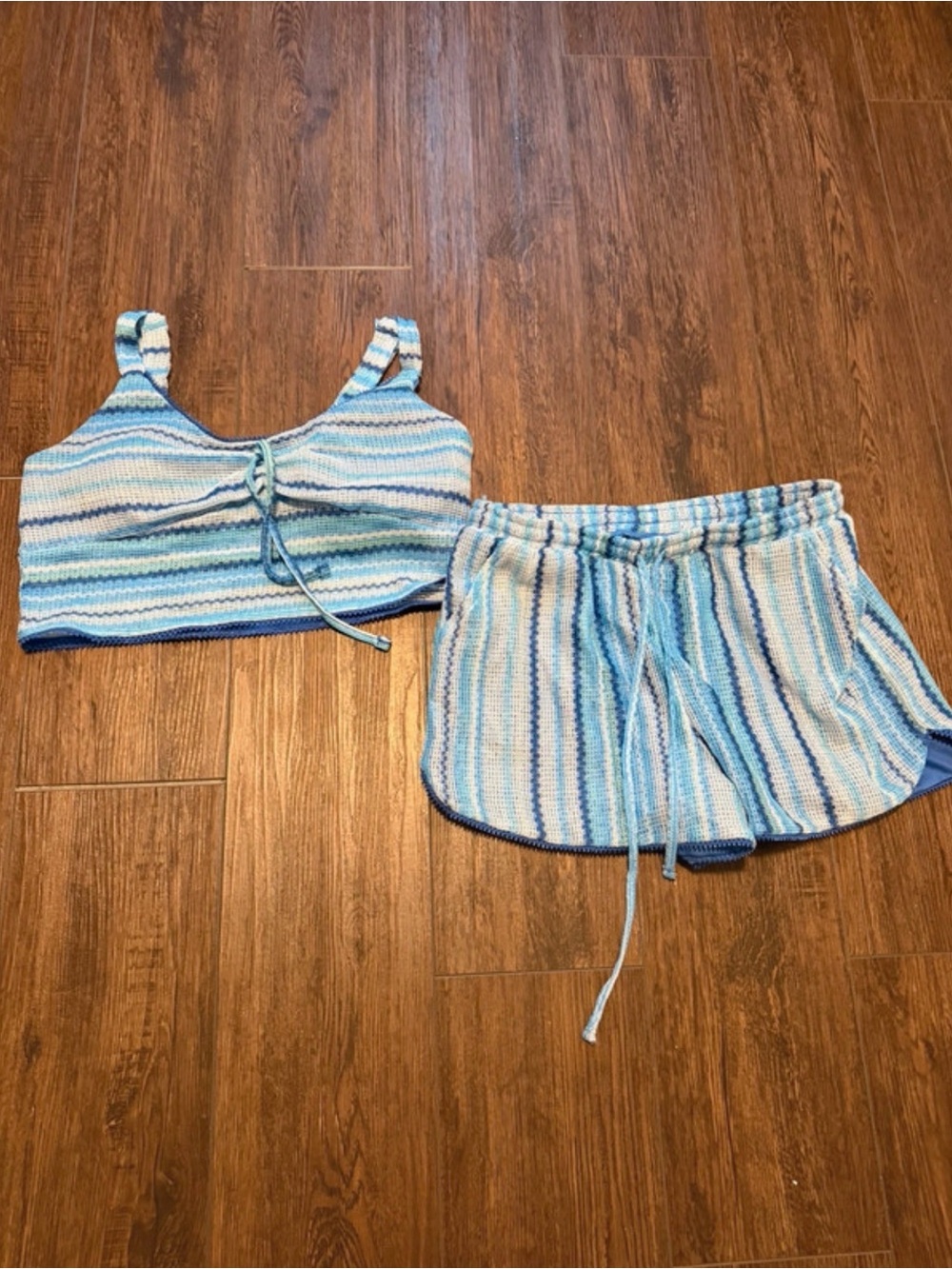 Source Unknown Blue and White Striped Knit Tank Top & Shorts Set
